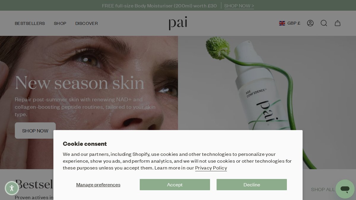 Screenshot of paiskincare.com interface