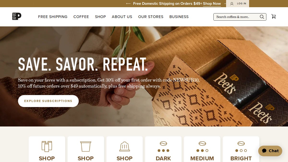 Screenshot of peets.com interface