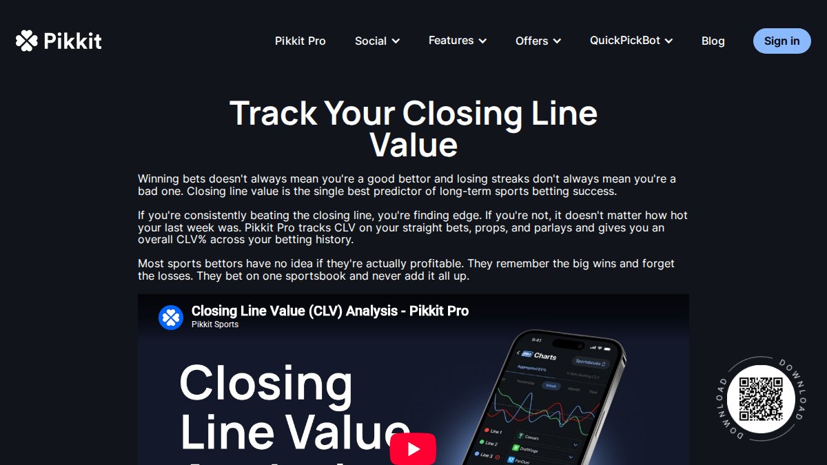 Screenshot of Closing Line Value page on pikkit.com