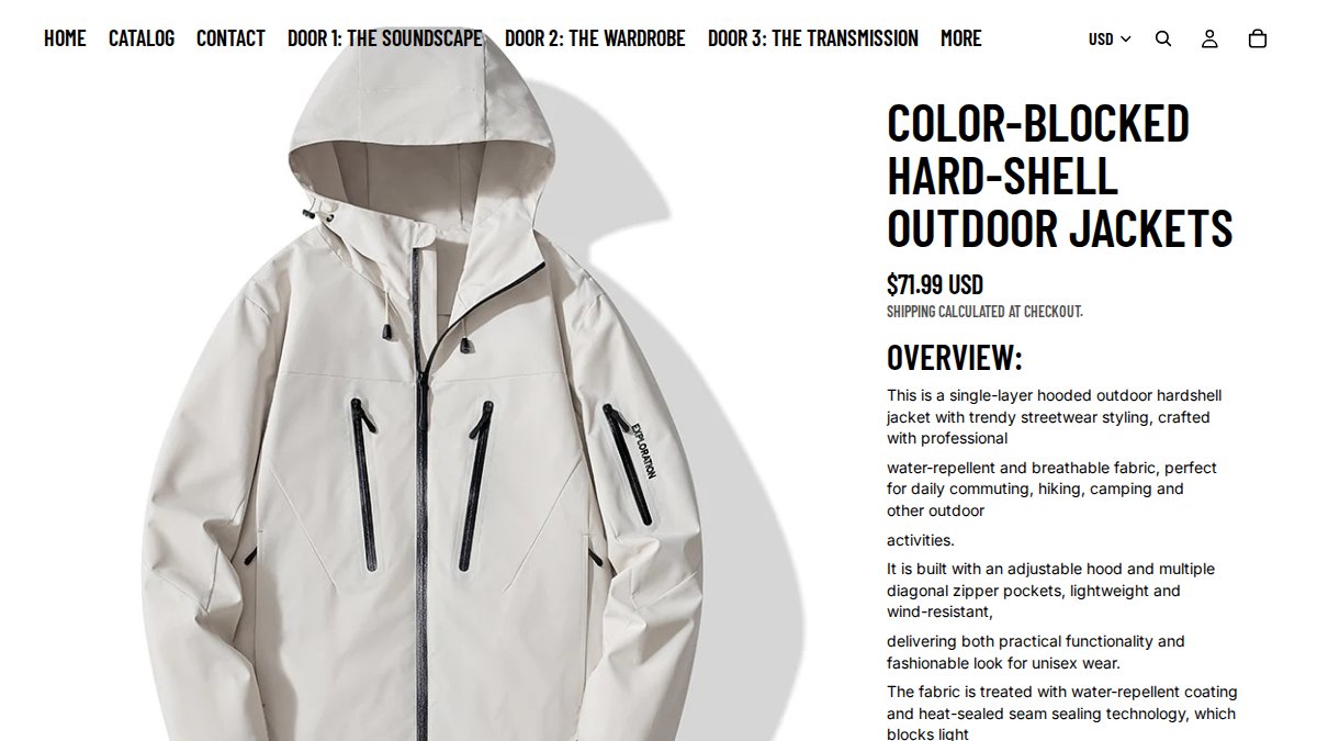 Screenshot of Color Blocked Hard Shell Outdoor Jackets page on planetizm.com