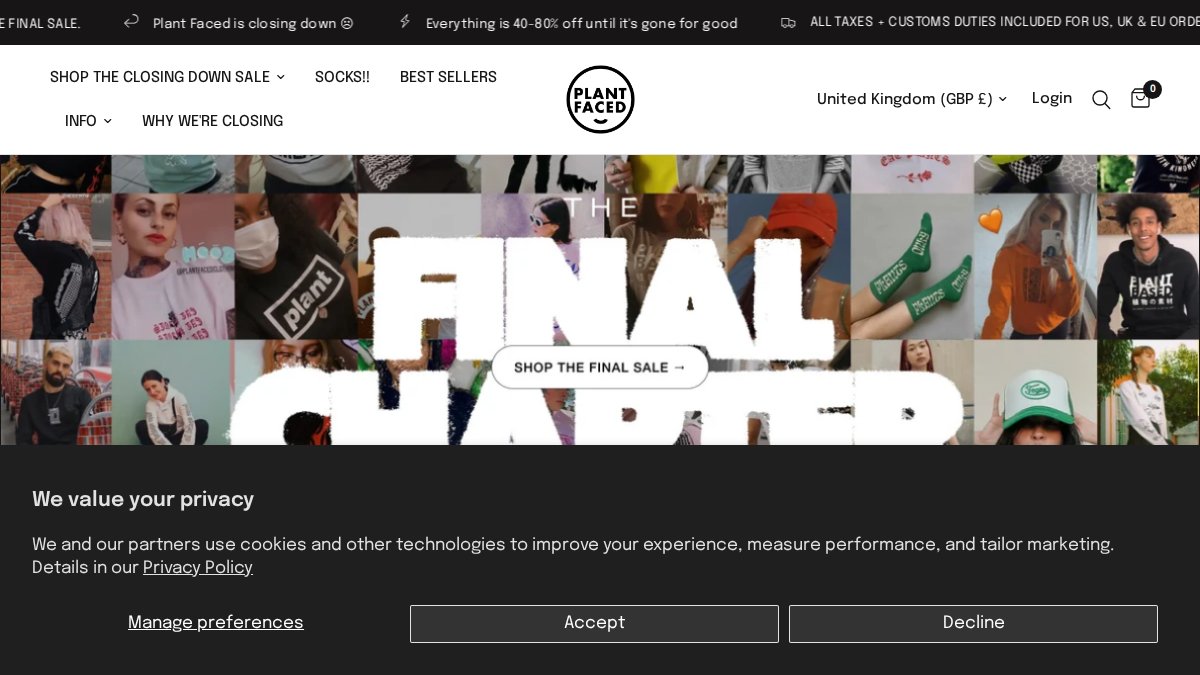 Screenshot of plantfacedclothing.com interface