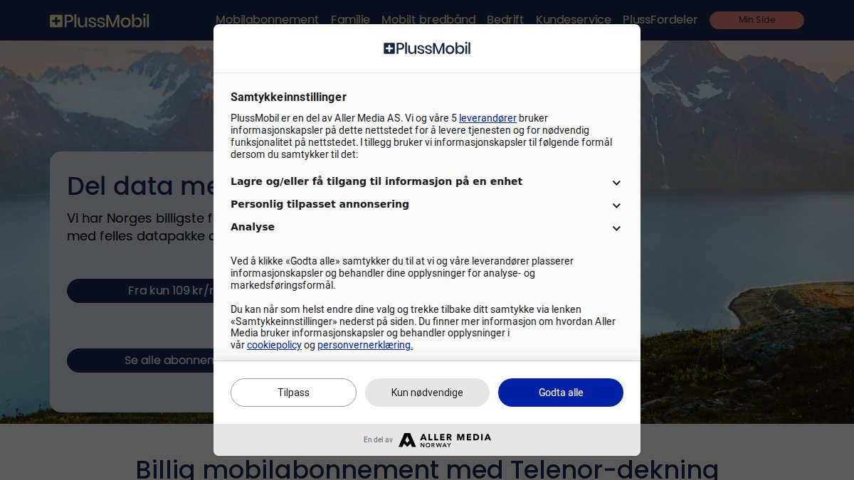 Screenshot of plussmobil.no interface