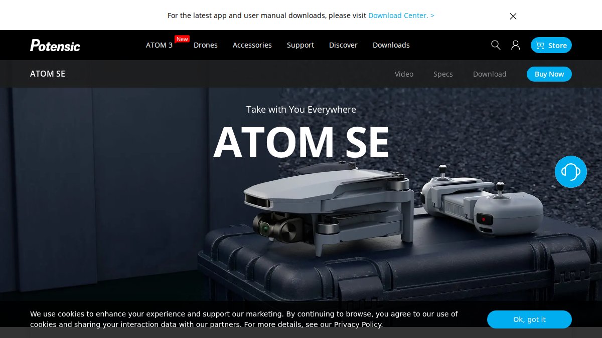 Screenshot of Potensic Atom Se Drone page on potensic.com