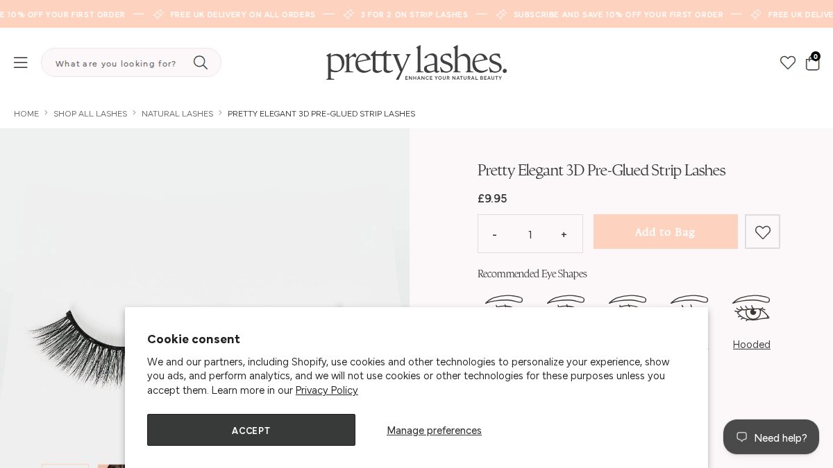 Screenshot of Elegant 3d Pre Glued Strip Lashes page on prettylashes.com