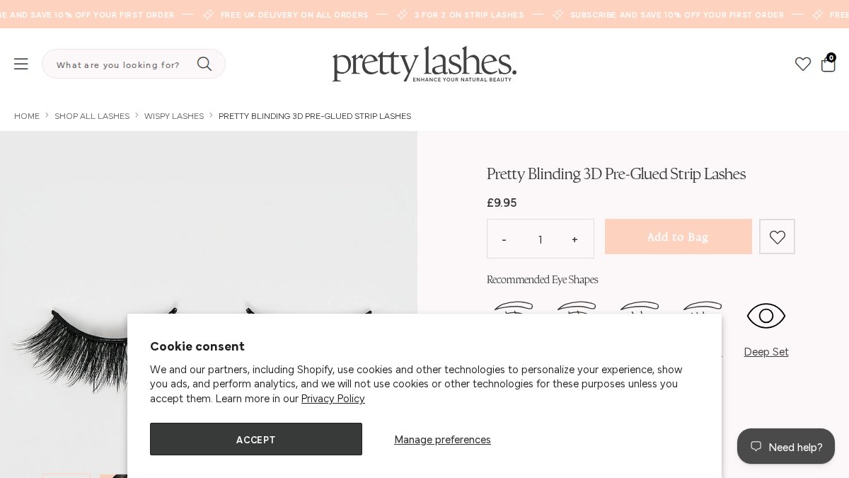 Screenshot of Blinding 3d Pre Glued Strip Lashes page on prettylashes.com