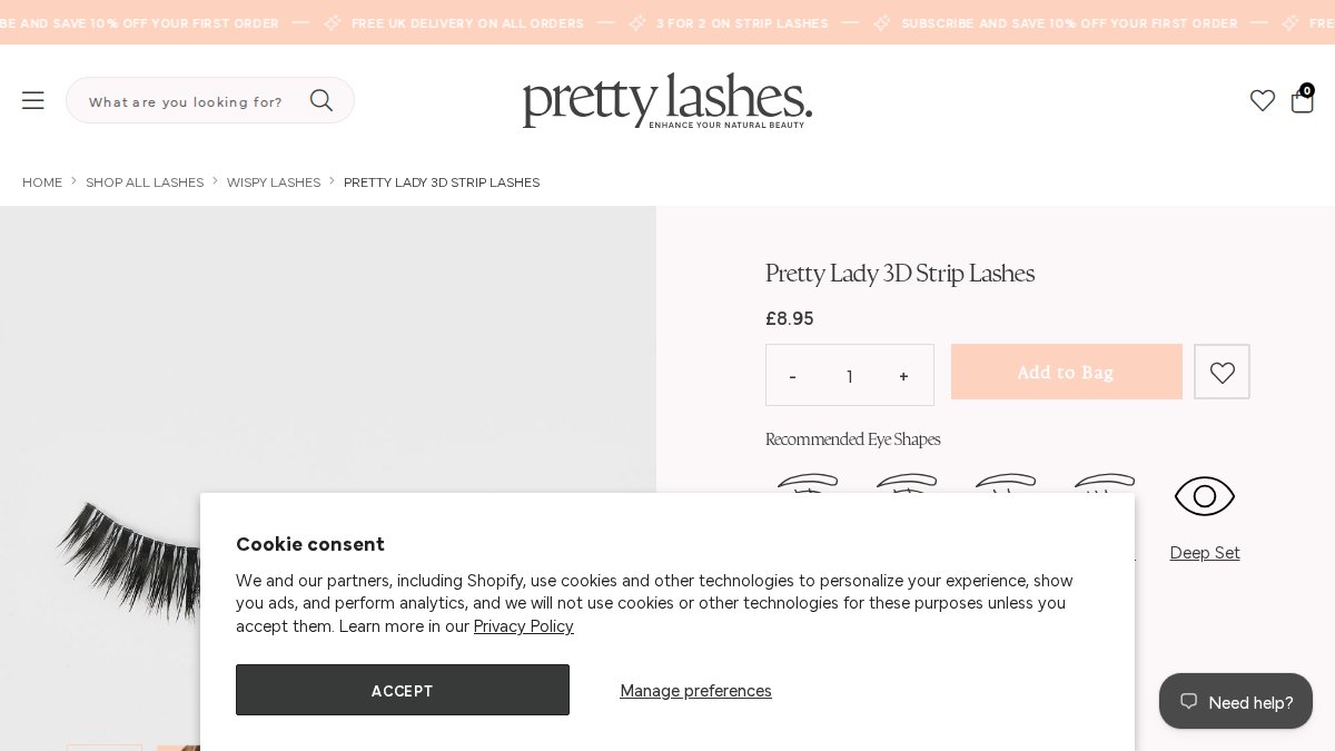 Screenshot of Lady 3d Strip Lashes page on prettylashes.com