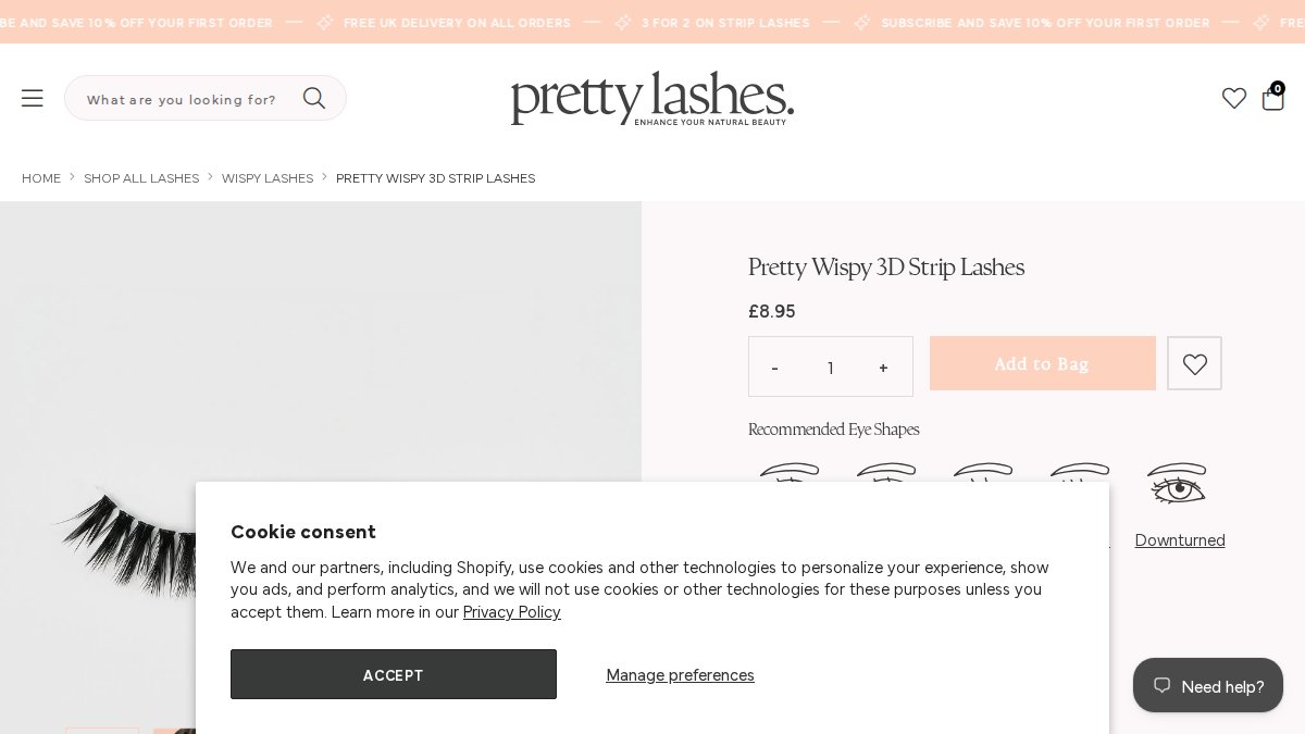 Screenshot of Wispy 3d Strip Lashes page on prettylashes.com