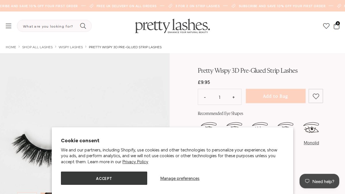 Screenshot of Wispy 3d Pre Glued Strip Lashes page on prettylashes.com