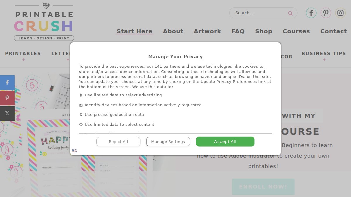 Screenshot of printablecrush.com interface