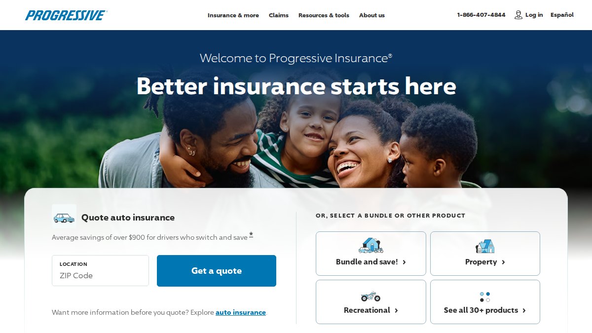 Screenshot of progressive.com interface