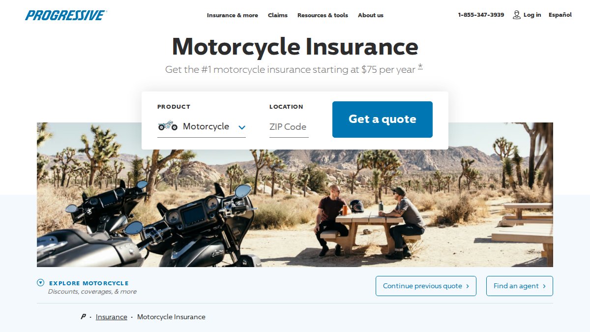 Screenshot of Motorcycle page on progressive.com