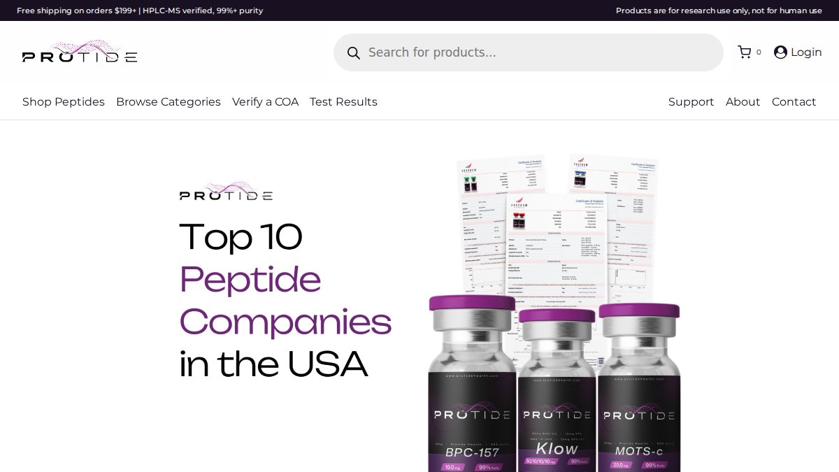 Screenshot of Top 10 Peptide Companies Usa page on protidehealth.com