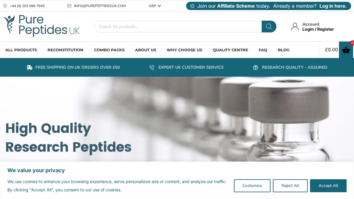 Screenshot of purepeptidesuk.com interface