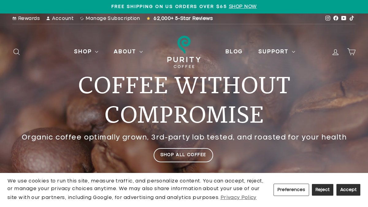 Screenshot of puritycoffee.com interface
