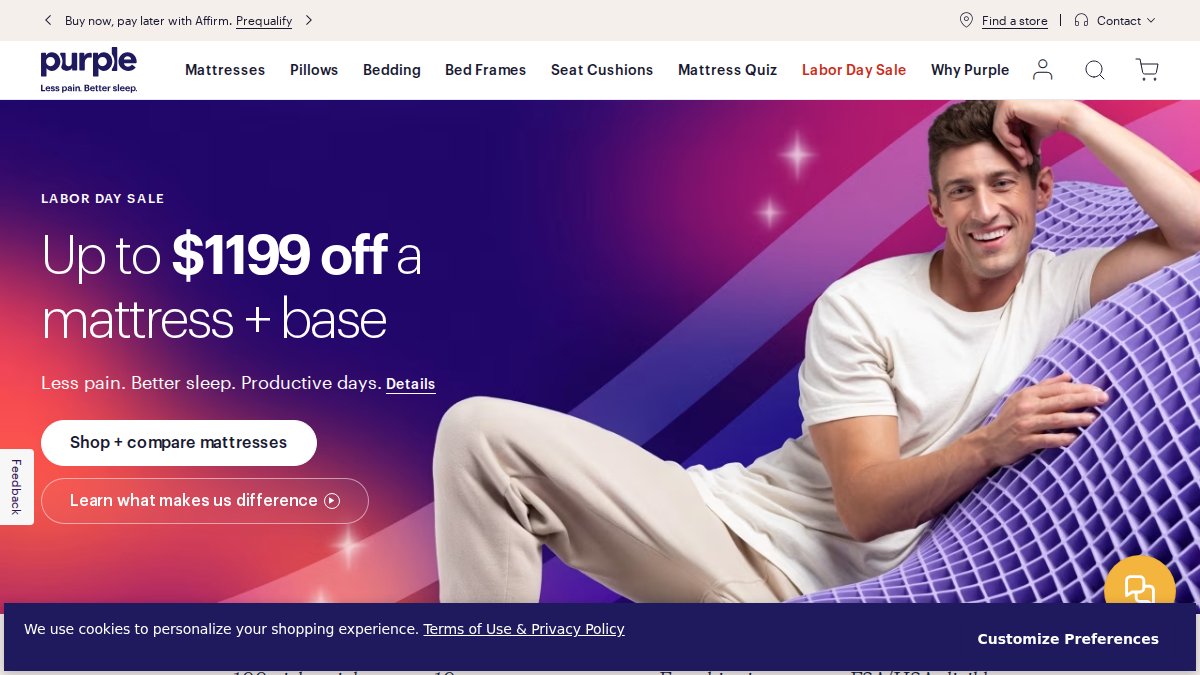 Screenshot of Pet Bed page on purple.com