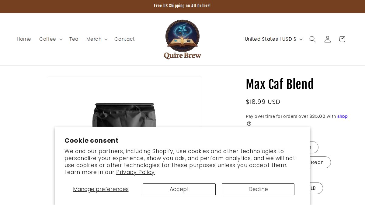 Screenshot of Max Caf Blend page on quirebrew.com