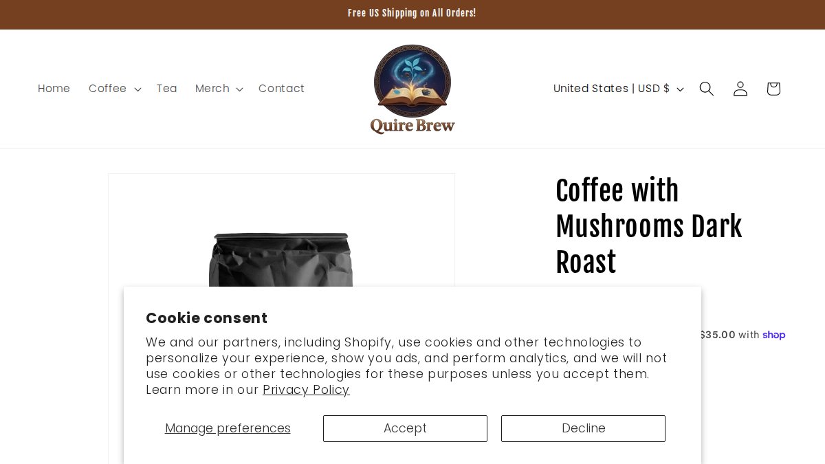 Screenshot of Coffee With Mushrooms Dark Roast page on quirebrew.com