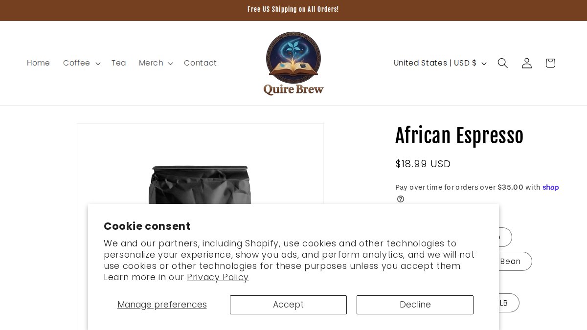 Screenshot of African Espresso page on quirebrew.com