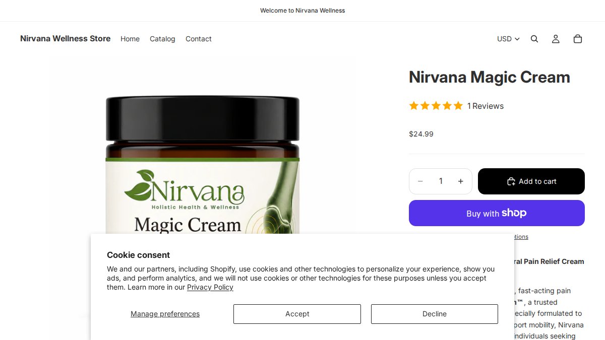 Screenshot of Nirvana Magic Cream page on qx2r3d-36.myshopify.com