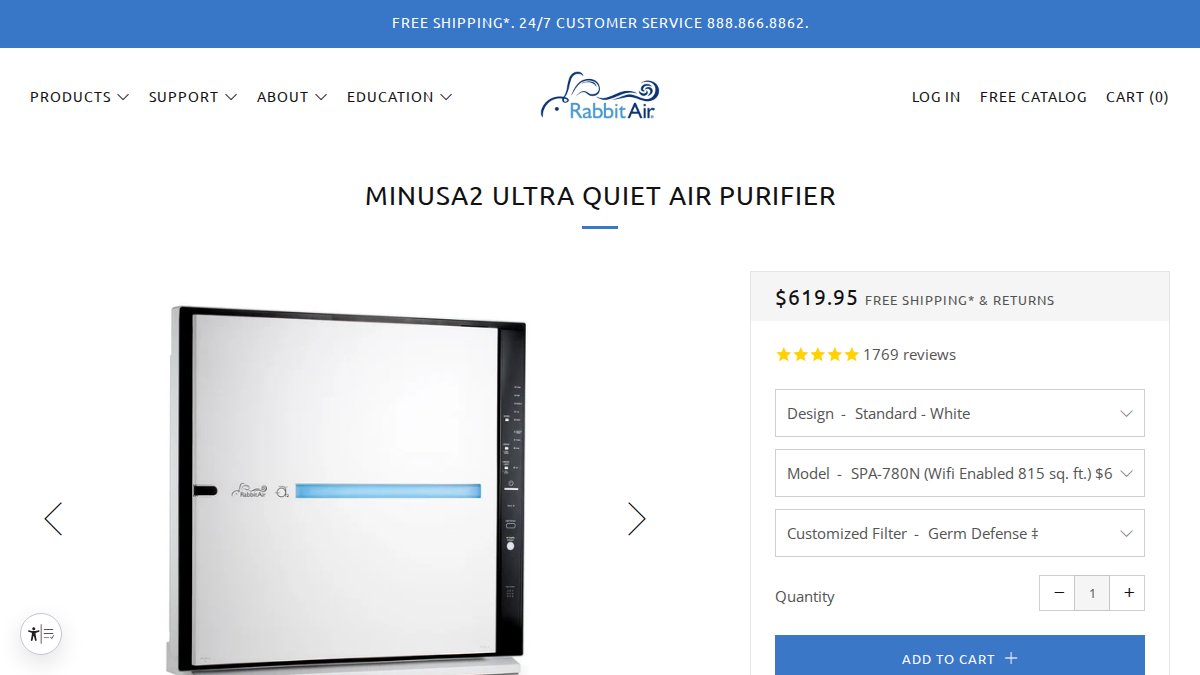 Screenshot of Minusa2 Air Purifier page on rabbitair.com