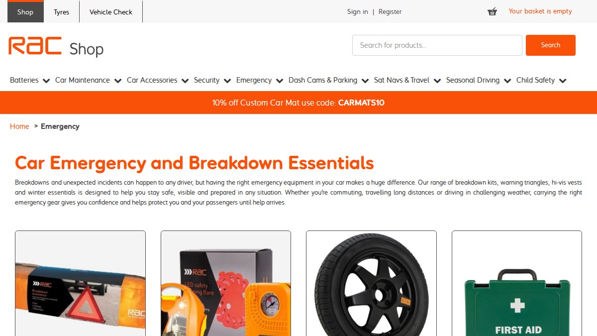 Best Emergency Breakdown Kits for UK Drivers in 2026 Screenshot of Emergency page on racshop.co.uk