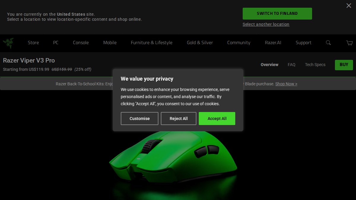 Screenshot of Razer Viper V3 Pro page on razer.com