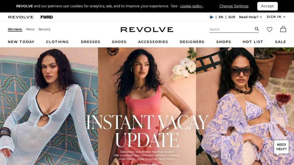 Screenshot of revolve.com interface