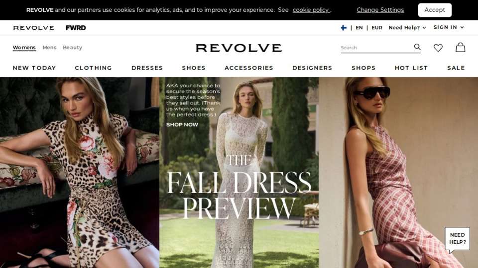 Screenshot of revolve.com interface