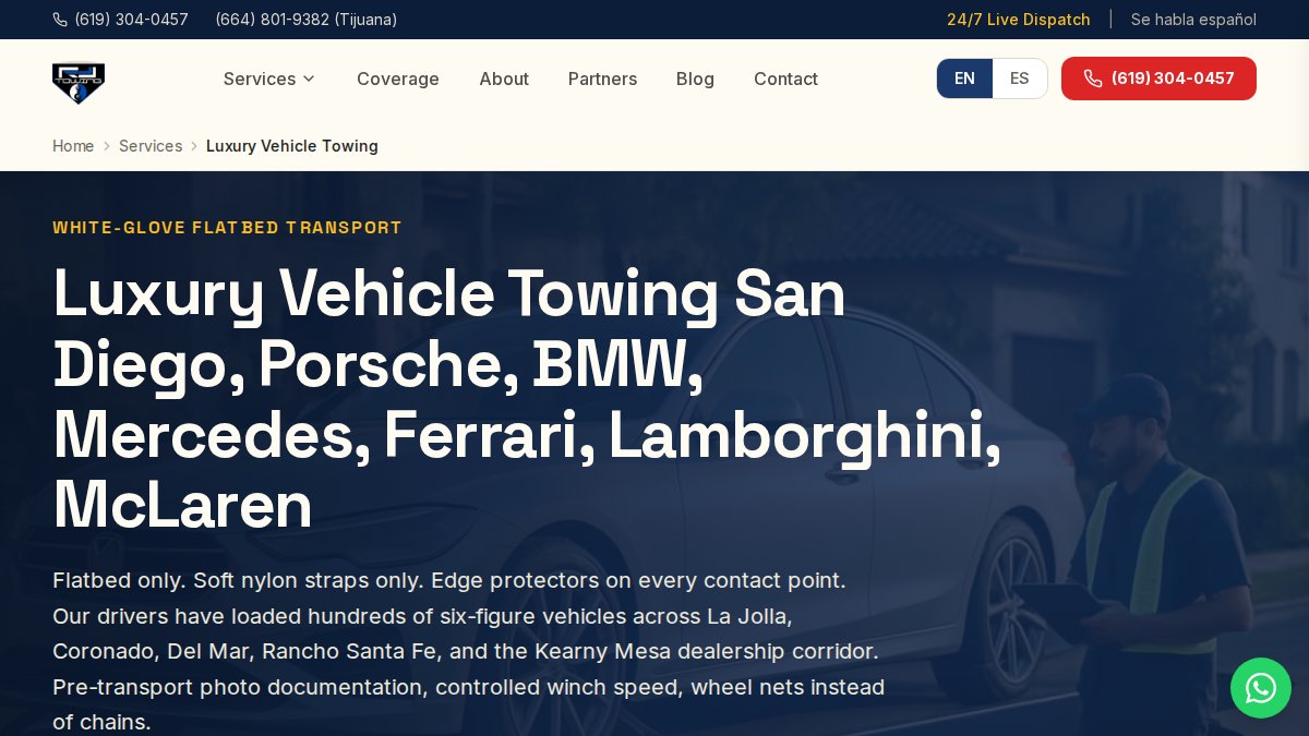 Screenshot of Luxury Vehicle Towing page on rjtowingsd.com