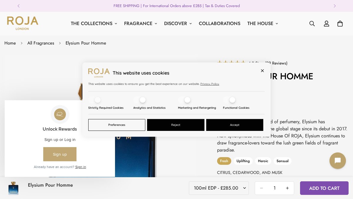 Screenshot of Elysium Pour Homme Parfum page on rojaparfums.com