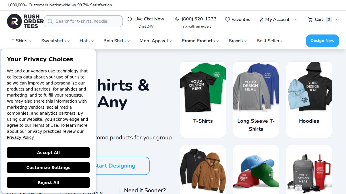 Screenshot of rushordertees.com interface