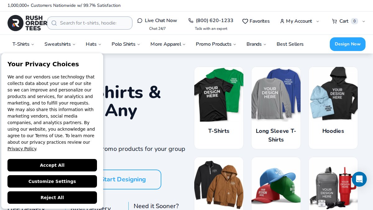 Screenshot of rushordertees.com interface