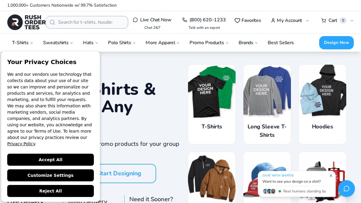 Screenshot of rushordertees.com interface