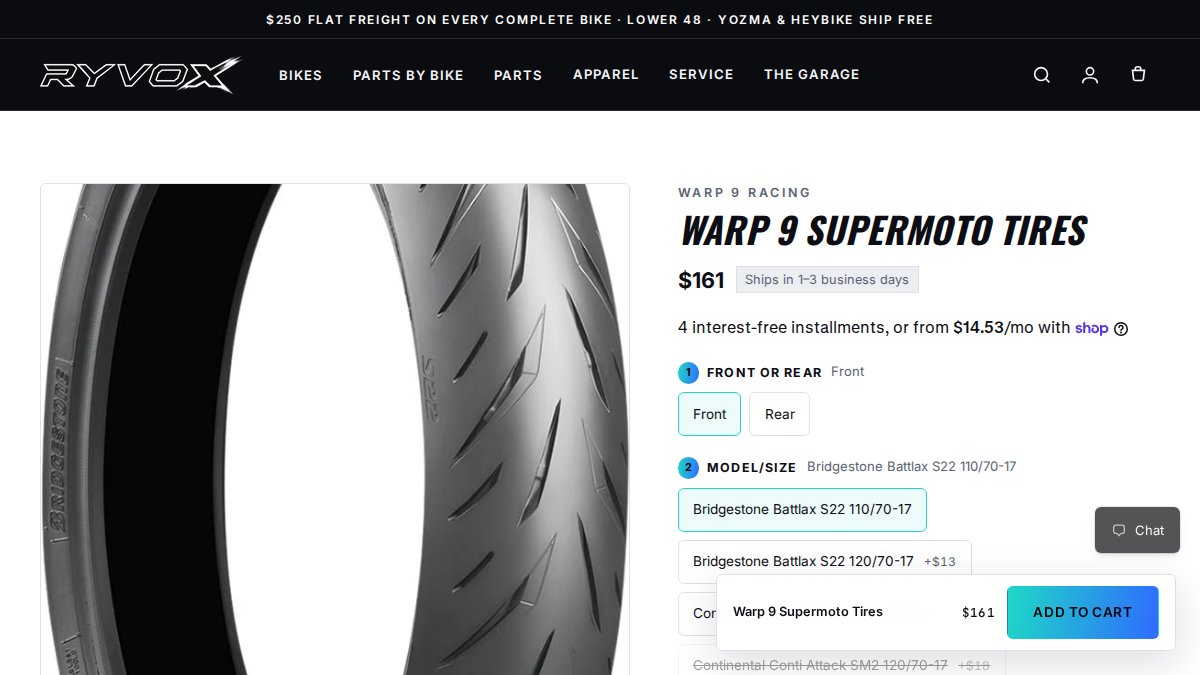 Screenshot of Warp 9 Supermoto Tires page on ryvox.com