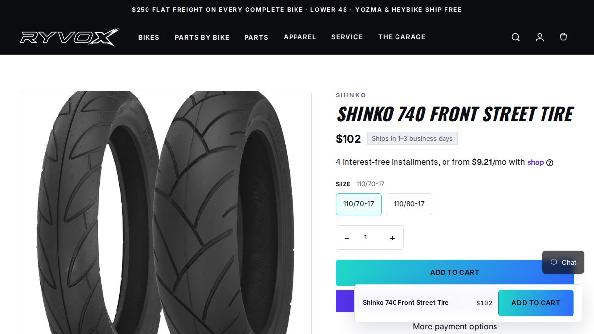Screenshot of Shinko 740 Front Street Tire page on ryvox.com