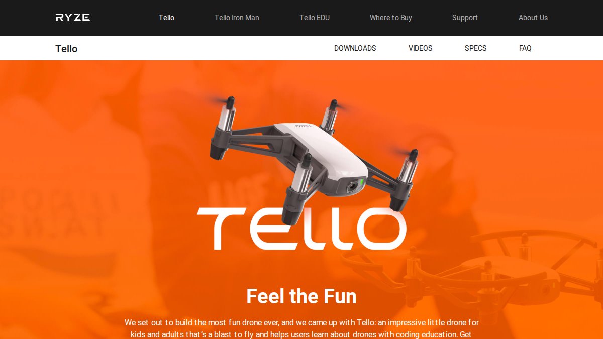 Screenshot of Tello page on ryzerobotics.com