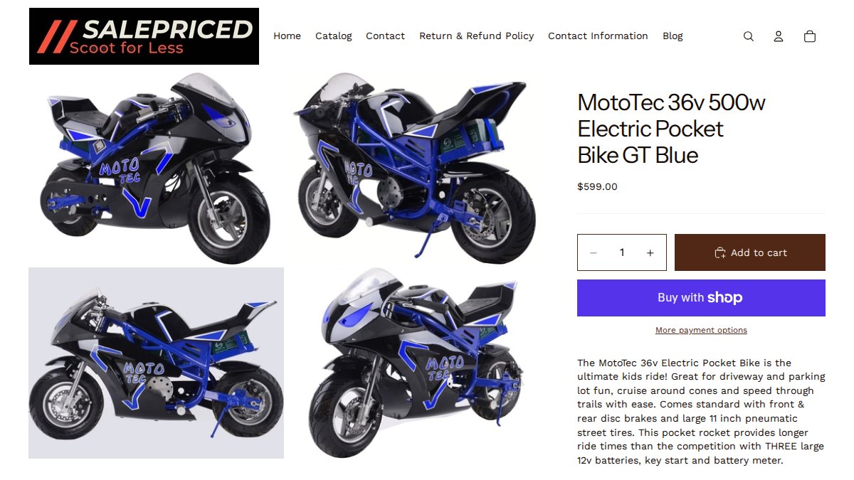 Screenshot of Mototec 36v 500w Electric Pocket Bike Gt Blue page on salepriced.net
