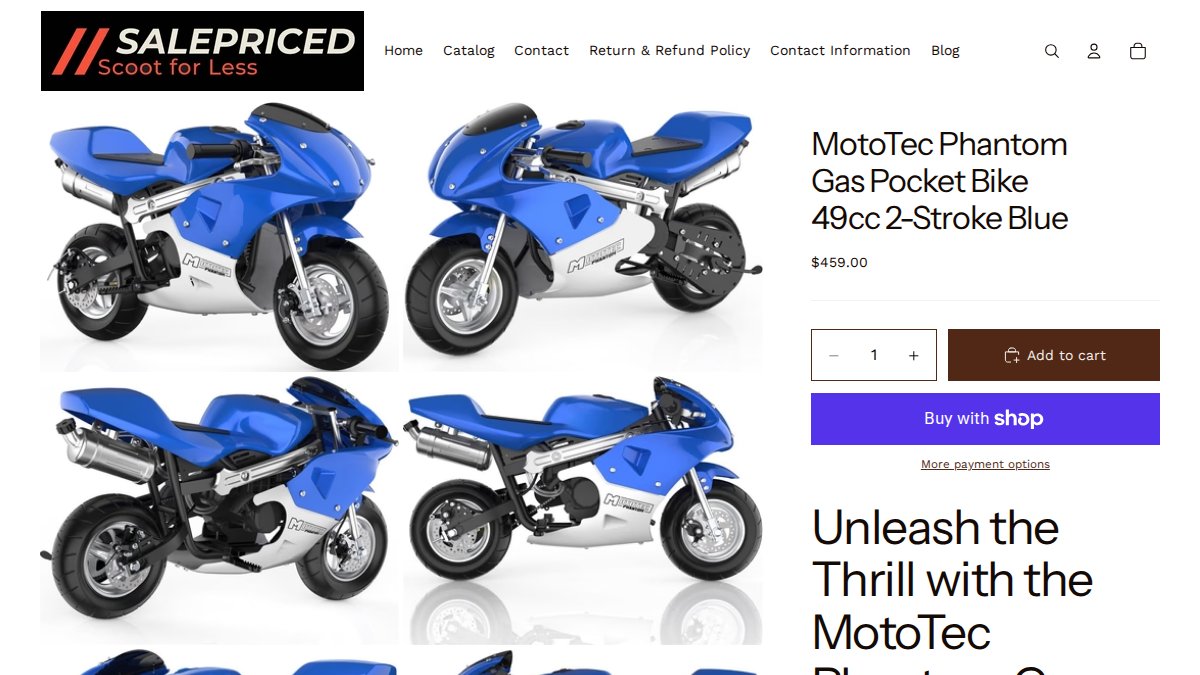 Screenshot of Mototec Phantom Gas Pocket Bike 49cc 2 Stroke Blue page on salepriced.net