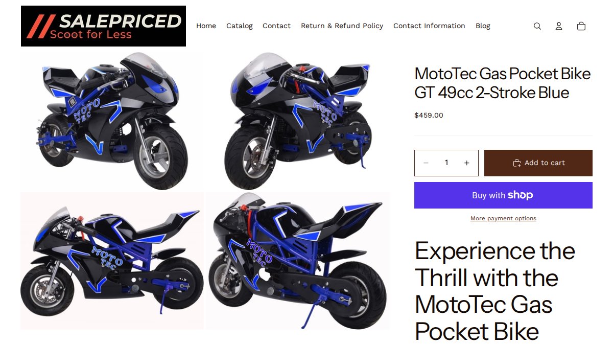 Screenshot of Mototec Gas Pocket Bike Gt 49cc 2 Stroke Blue page on salepriced.net