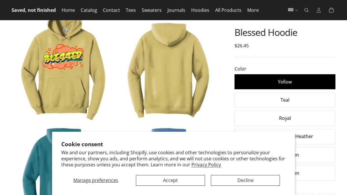 Screenshot of Blessed Hoodie page on savednotfinished.com