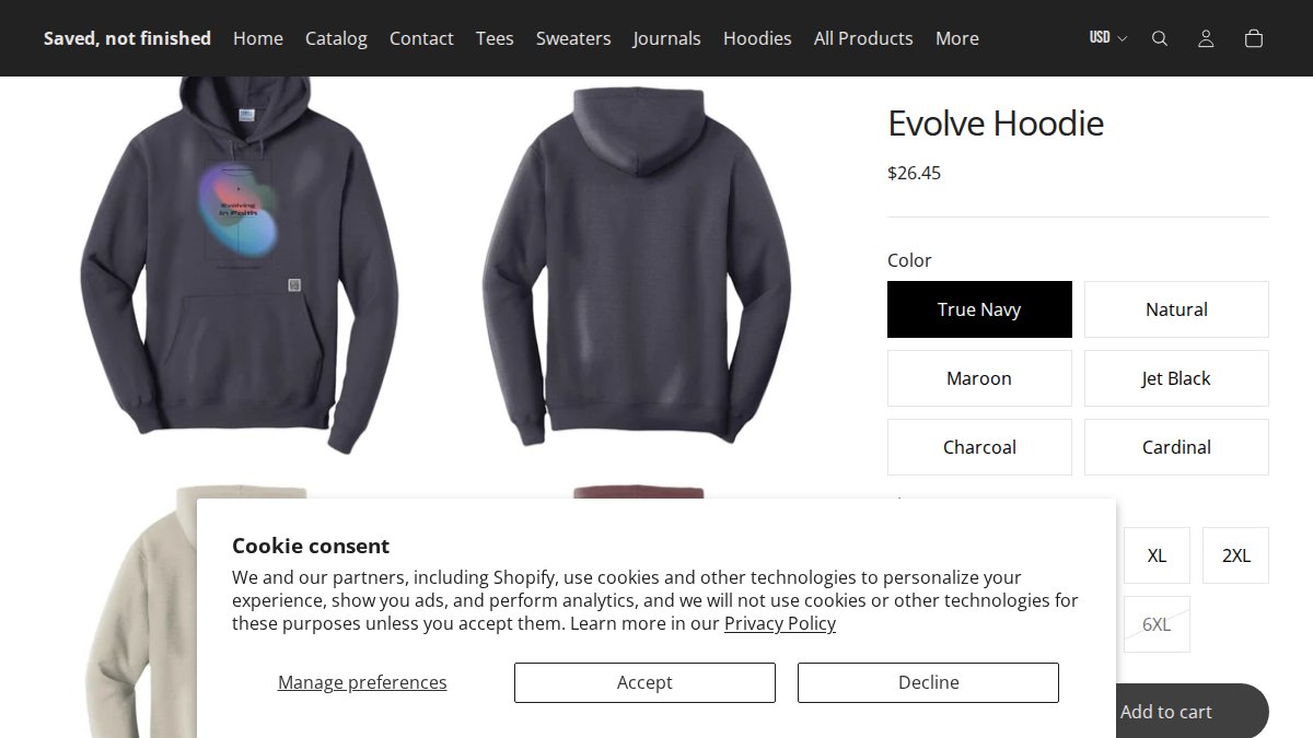 Screenshot of Evolve Hoodie page on savednotfinished.com