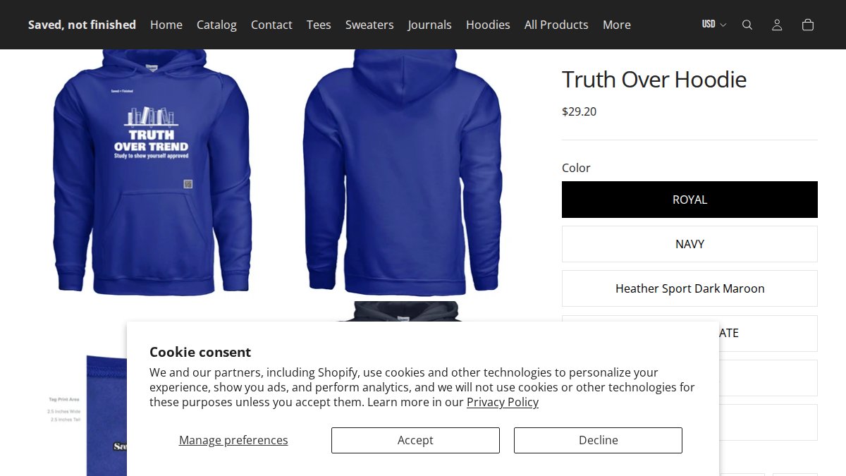 Screenshot of Truth Over Hoodie page on savednotfinished.com