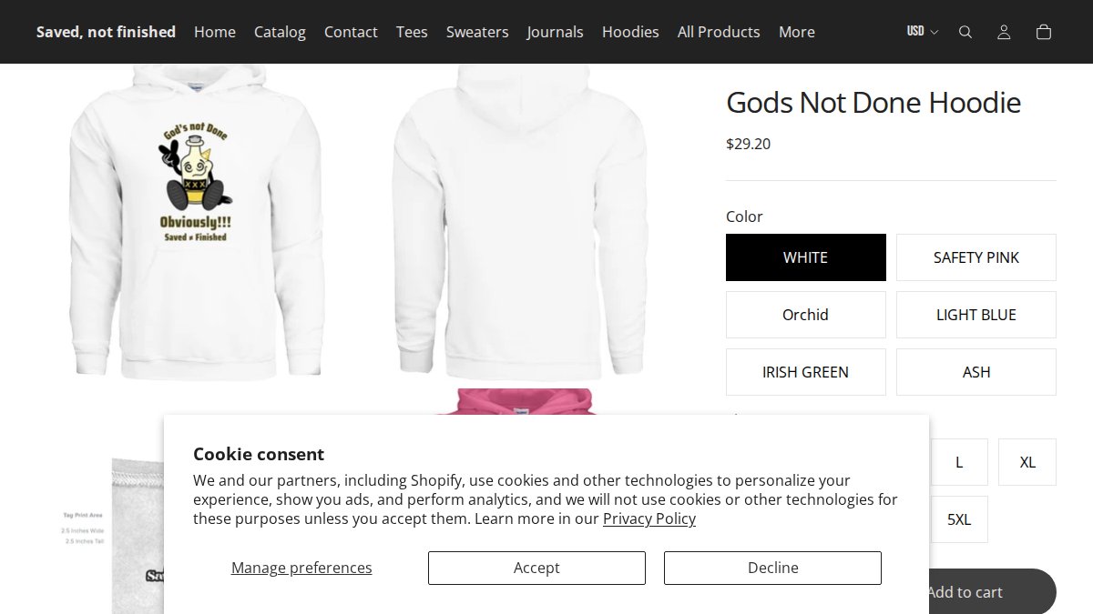 Screenshot of Gods Not Done Hoodie page on savednotfinished.com