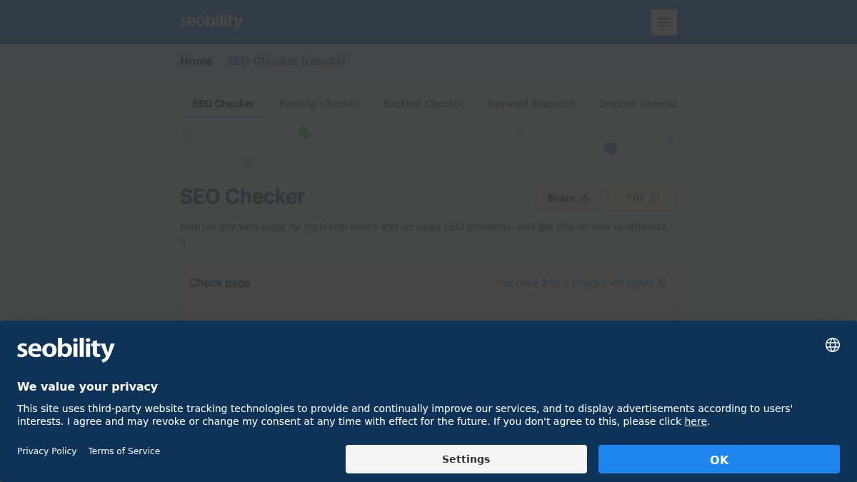Screenshot of Check page on seobility.net