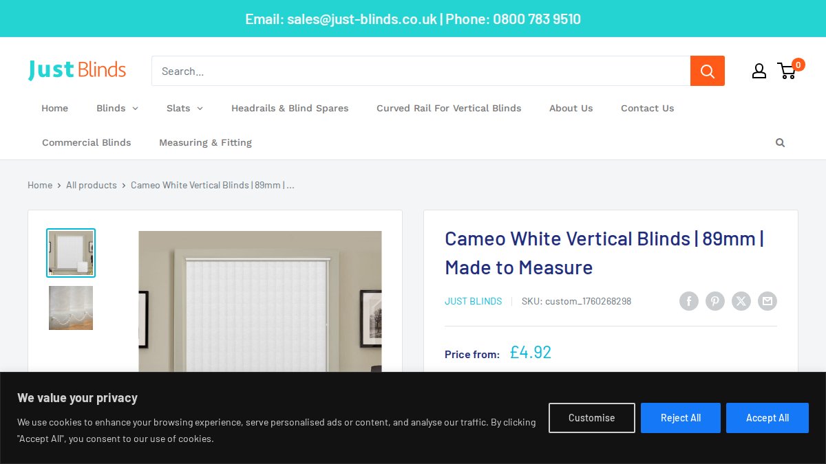 Screenshot of Vertical Blinds Made To Measure Vertical Blind In Cameo White page on shop.just-blinds.co.uk