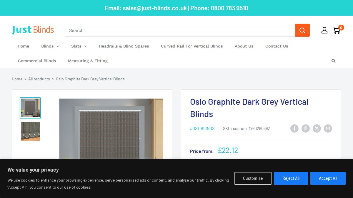 Screenshot of Dark Grey Made To Measure Vertical Blinds In Oslo Graphite Fabric page on shop.just-blinds.co.uk