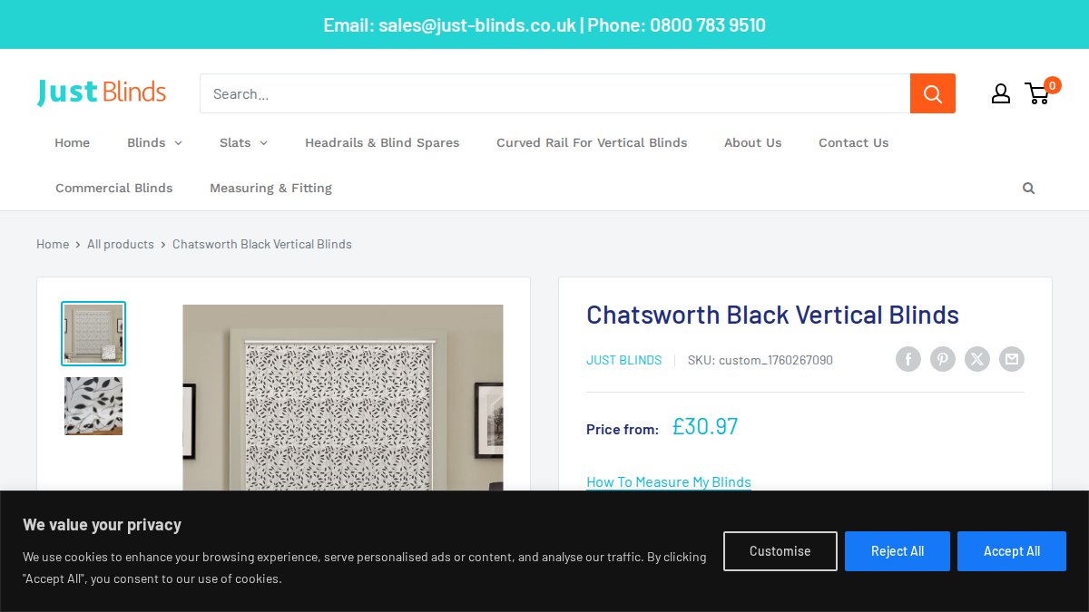 Screenshot of Made To Measure Vertical Blinds In Chatsworth Black Fabric page on shop.just-blinds.co.uk