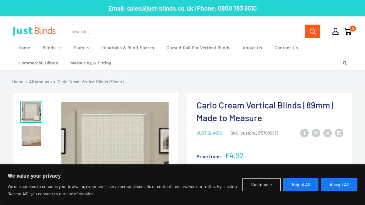 Screenshot of Made To Measure Vertical Blind In Carlo Cream Fabric page on shop.just-blinds.co.uk