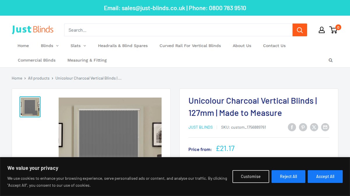 Screenshot of Unicolour Charcoal 5 Inch Vertical Blinds Made To Measure page on shop.just-blinds.co.uk