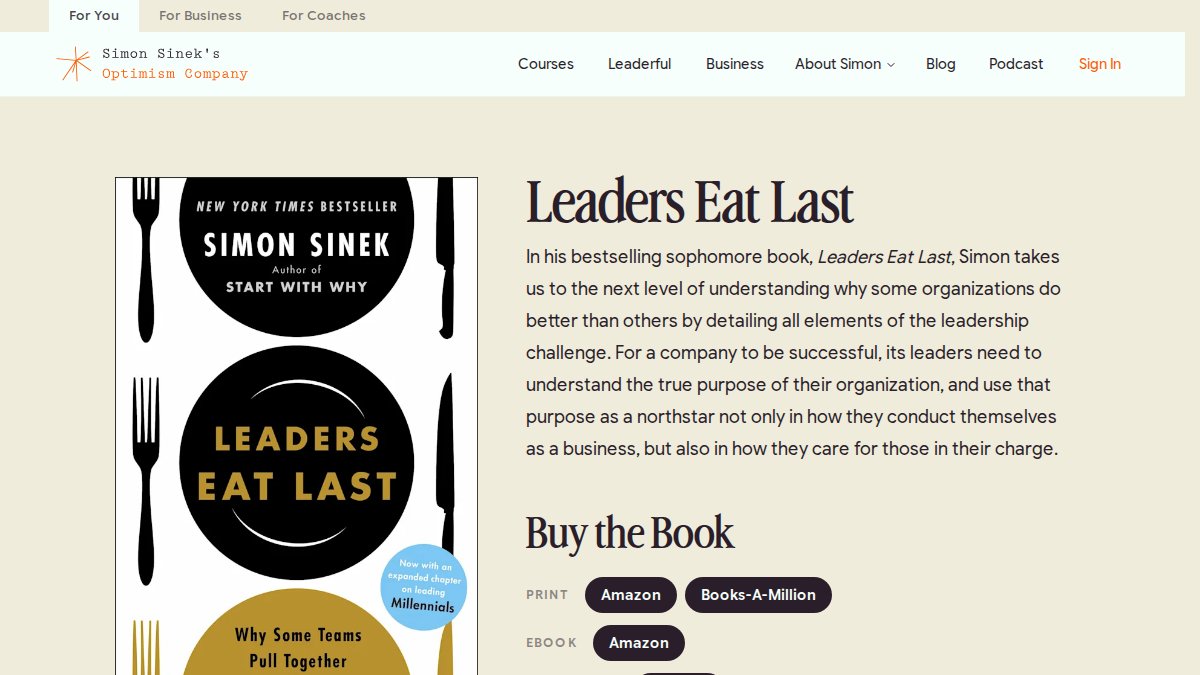 Screenshot of Leaders Eat Last page on simonsinek.com